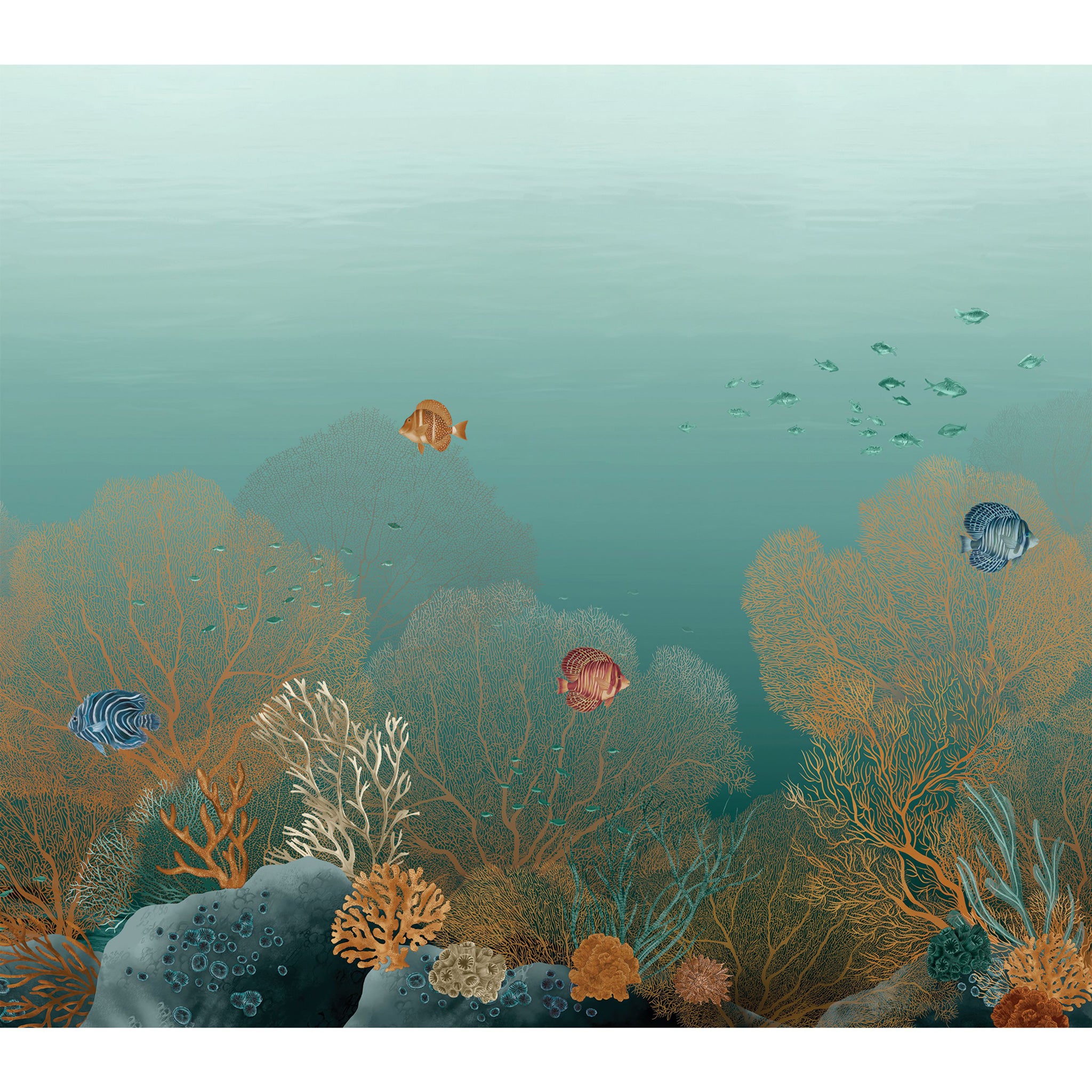 Underwater scene with coral and fish on a gradient blue-green background