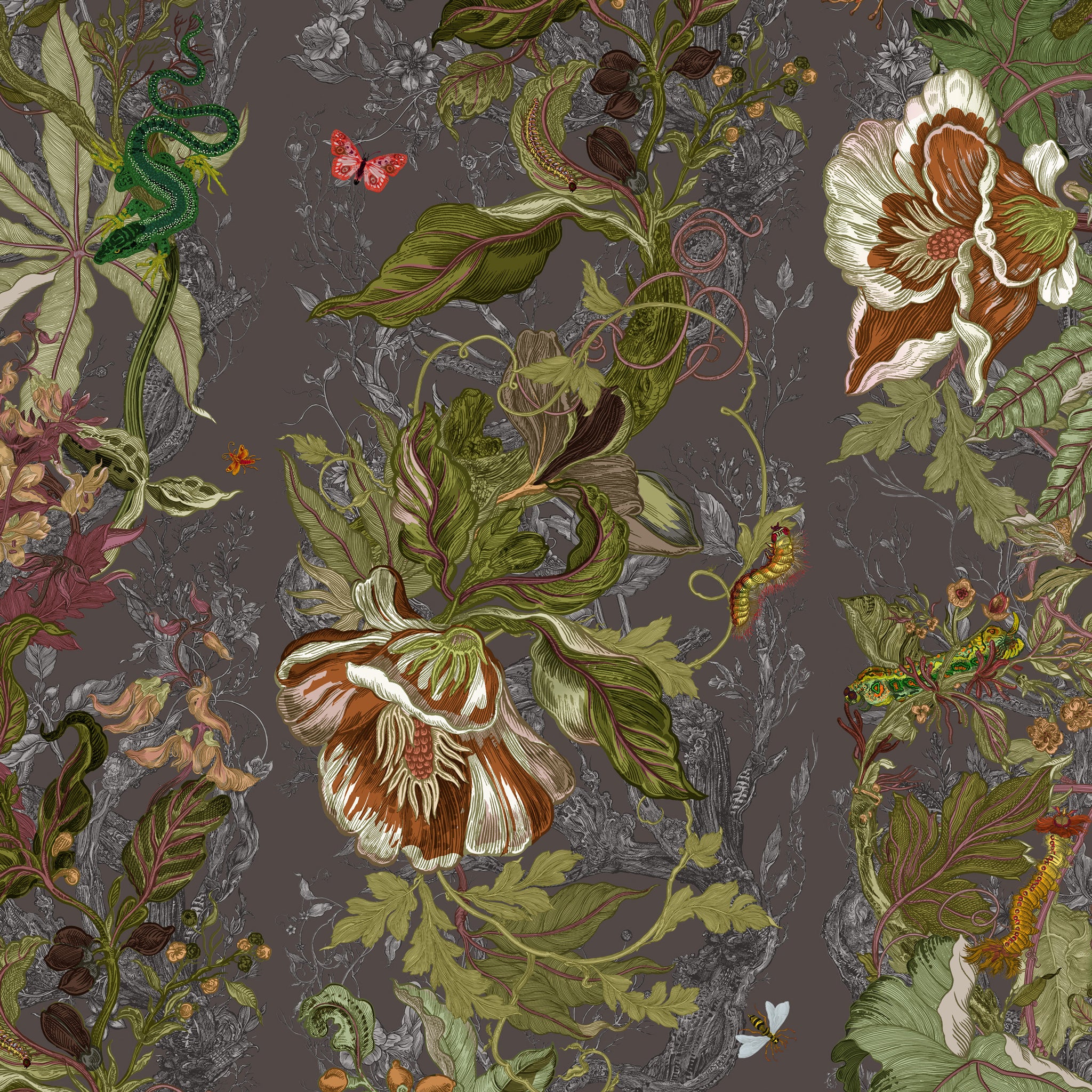 Detailed floral and botanical pattern with flowers and leaves on a dark background
