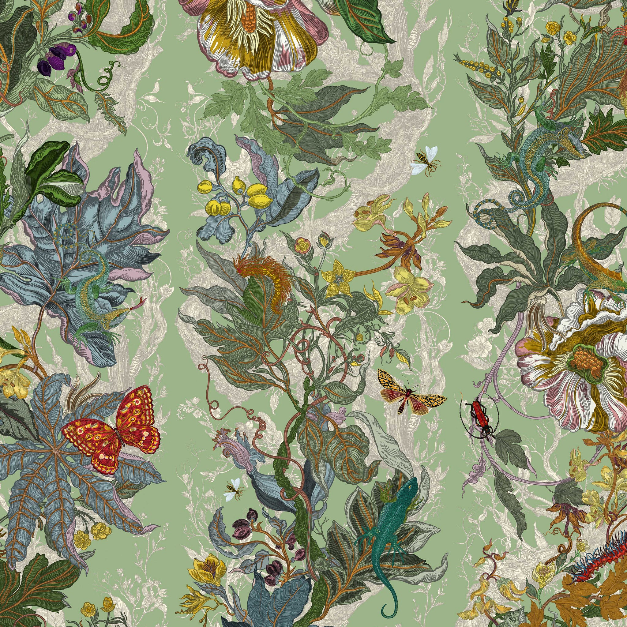 Floral and botanical pattern with butterflies and insects on a green background