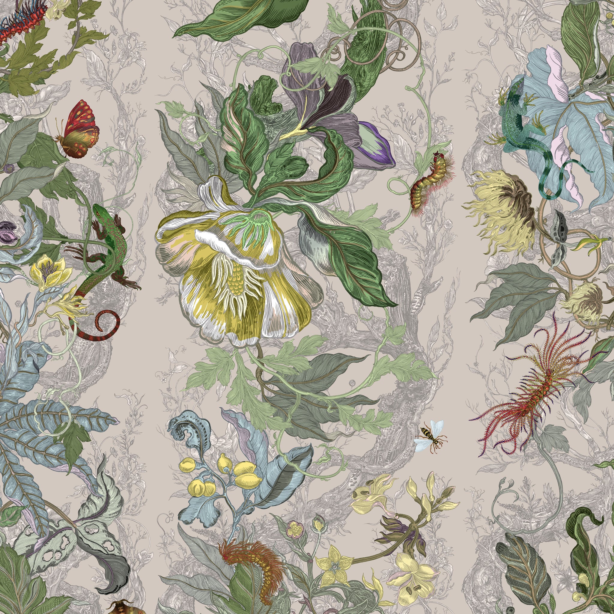 Patterned fabric with flowers, leaves, and insects on a beige background
