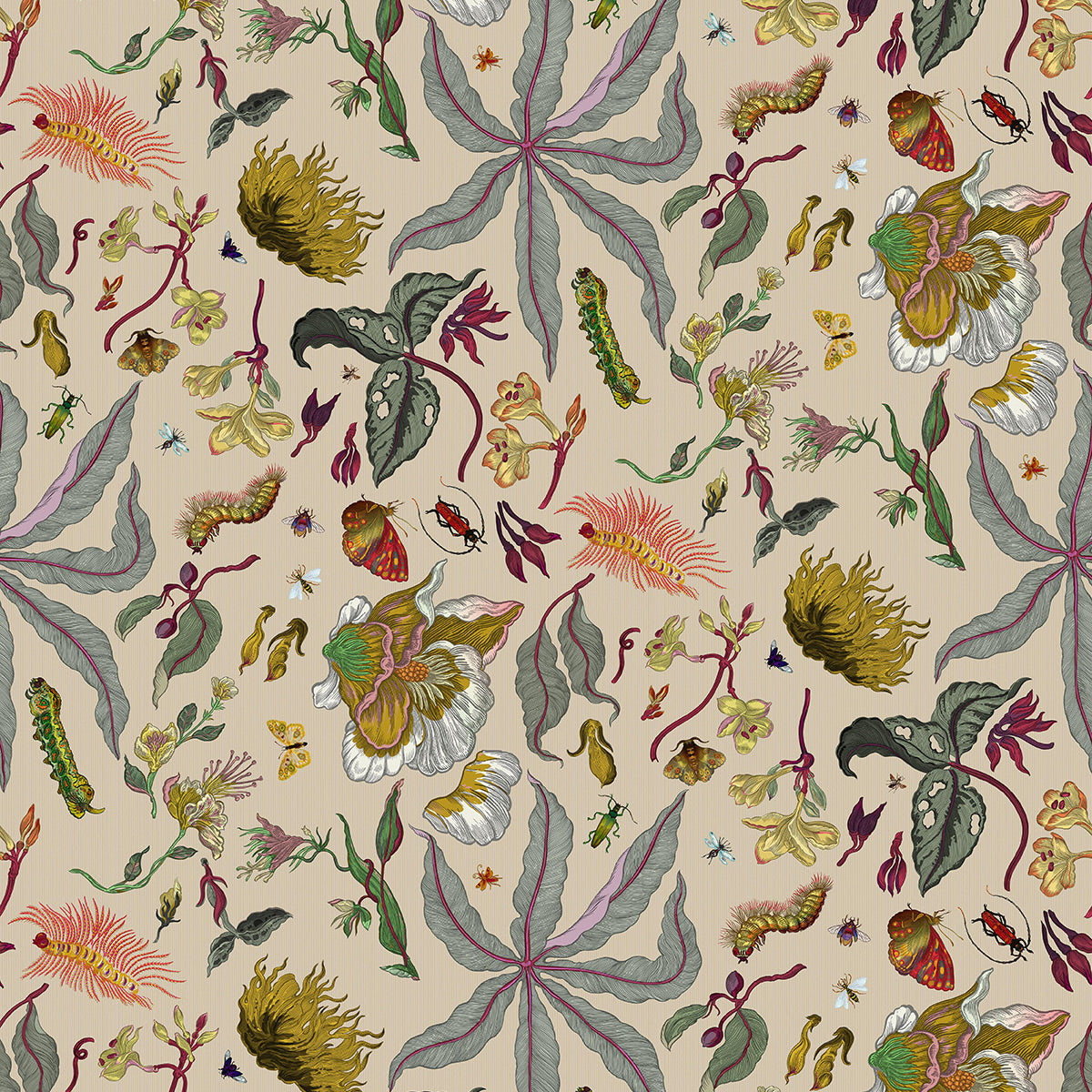 Colorful floral and insect pattern on a beige background