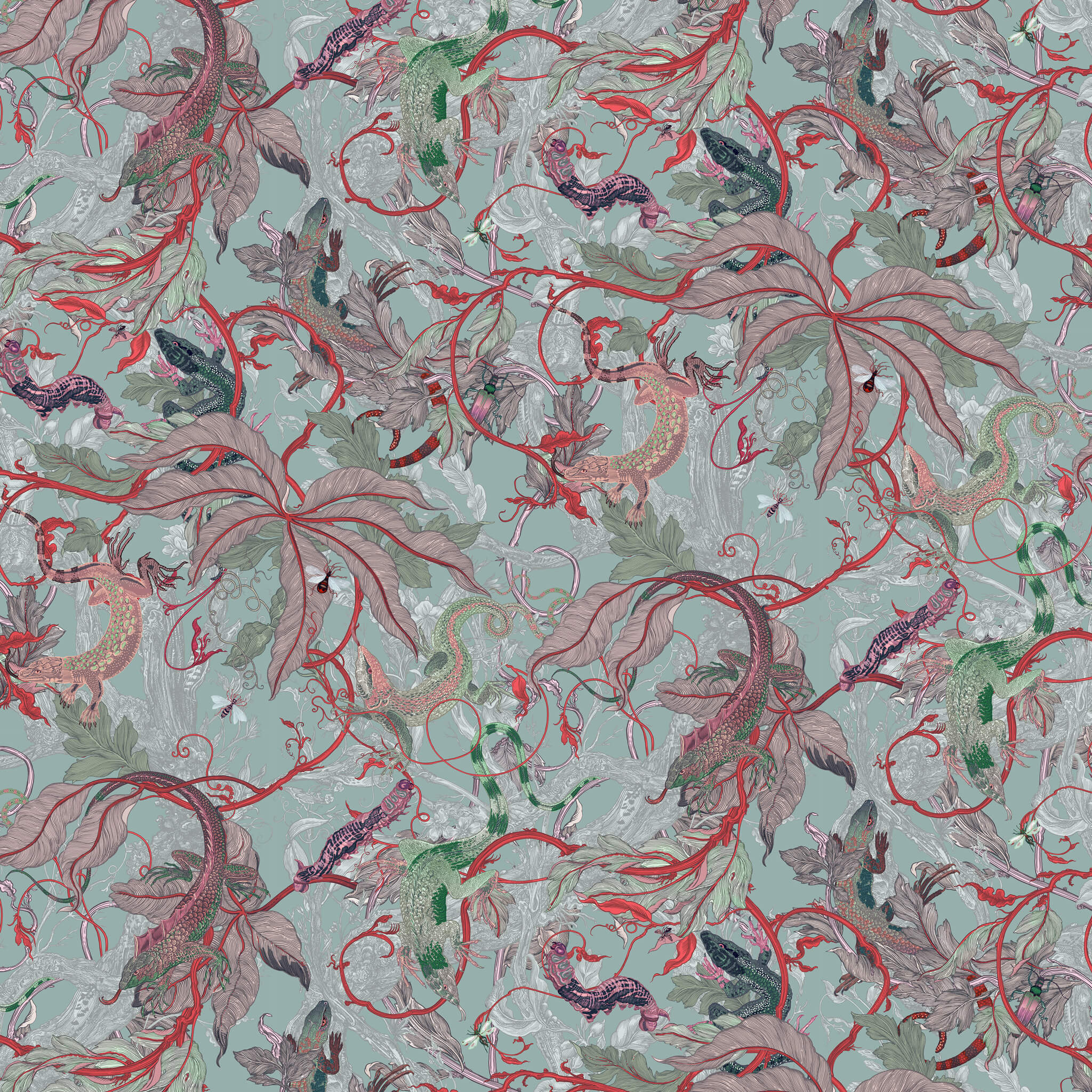 Decorative pattern with red and green leaves on a light blue background