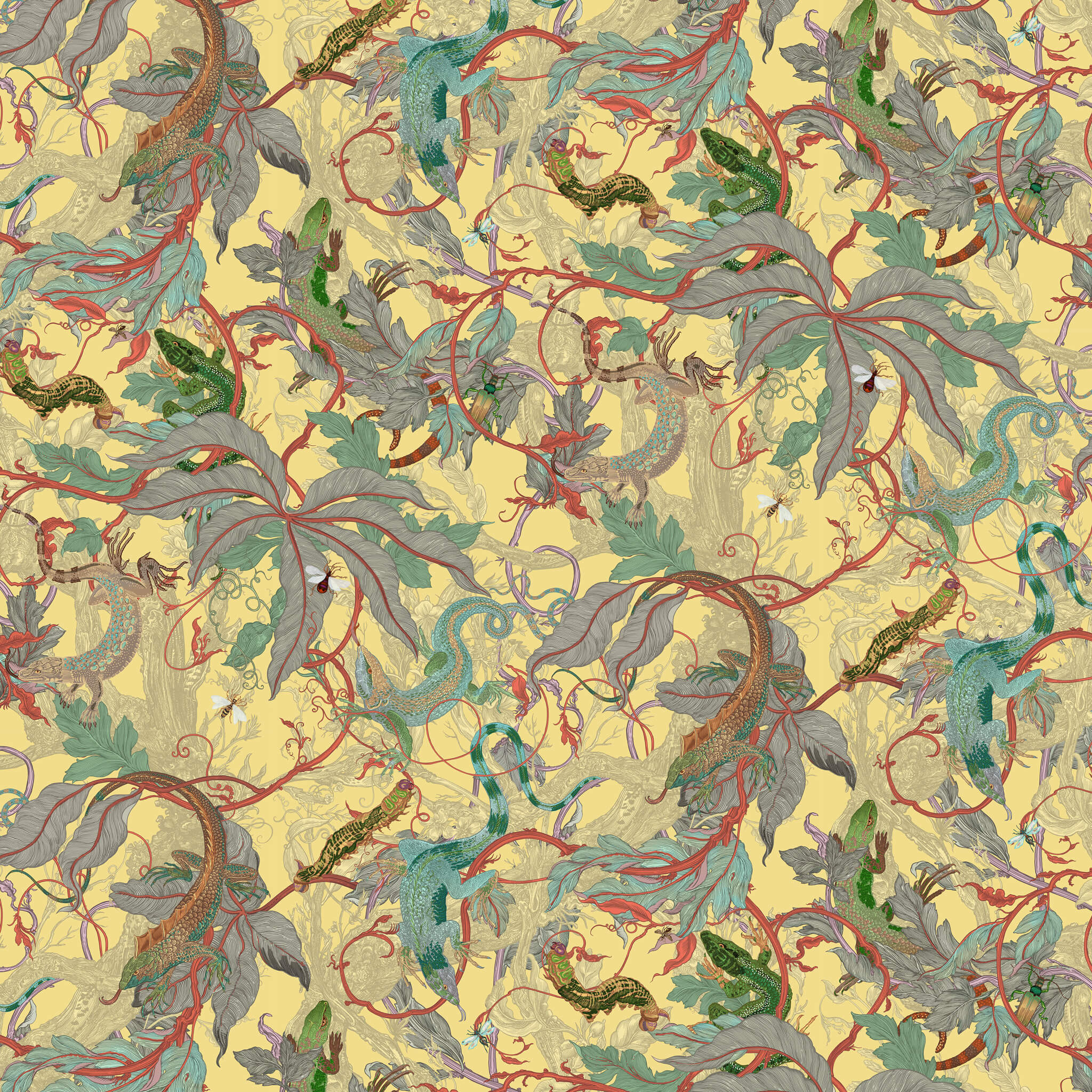 Decorative pattern with leaves and branches on a yellow background