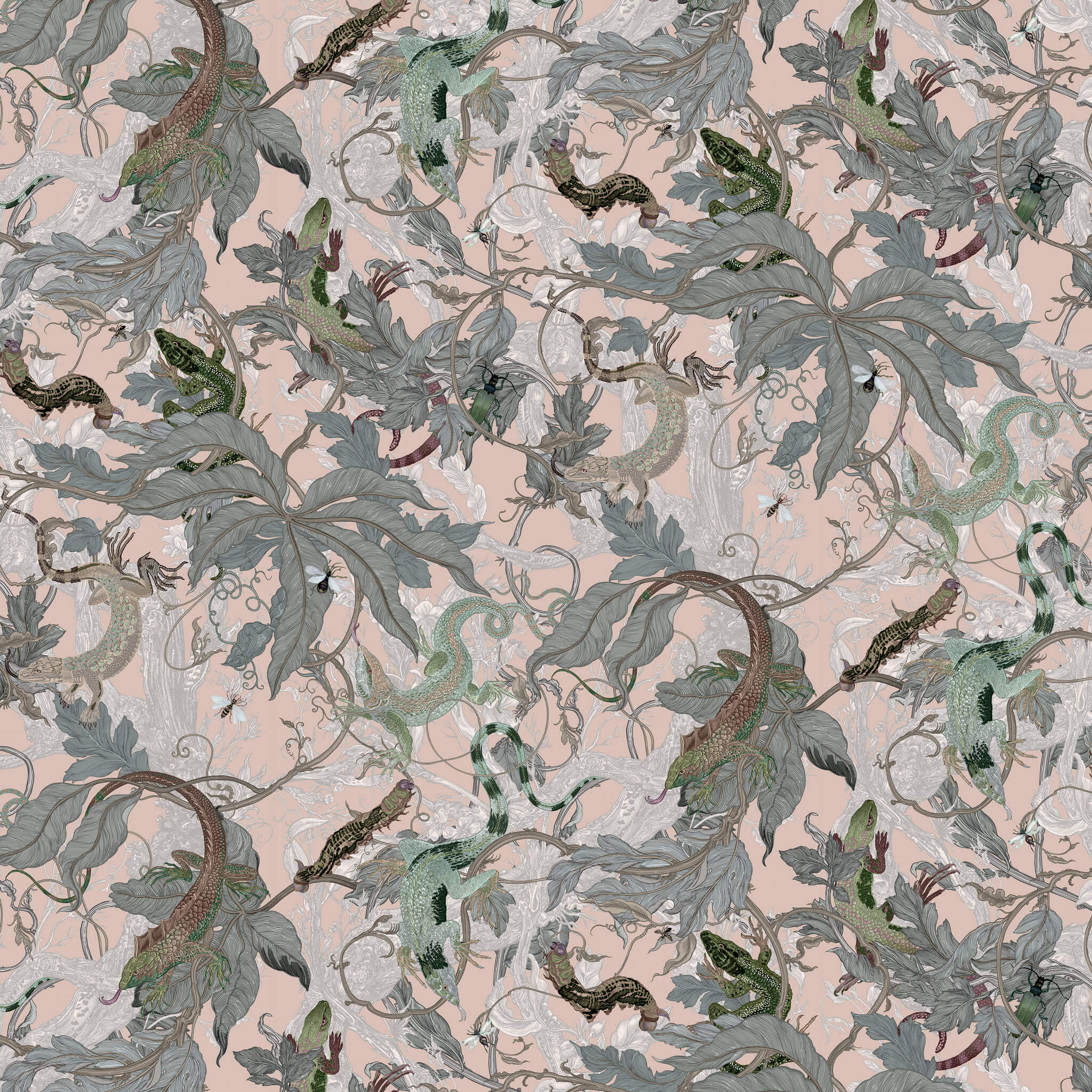 Patterned fabric with green leaves and branches on a light pink background