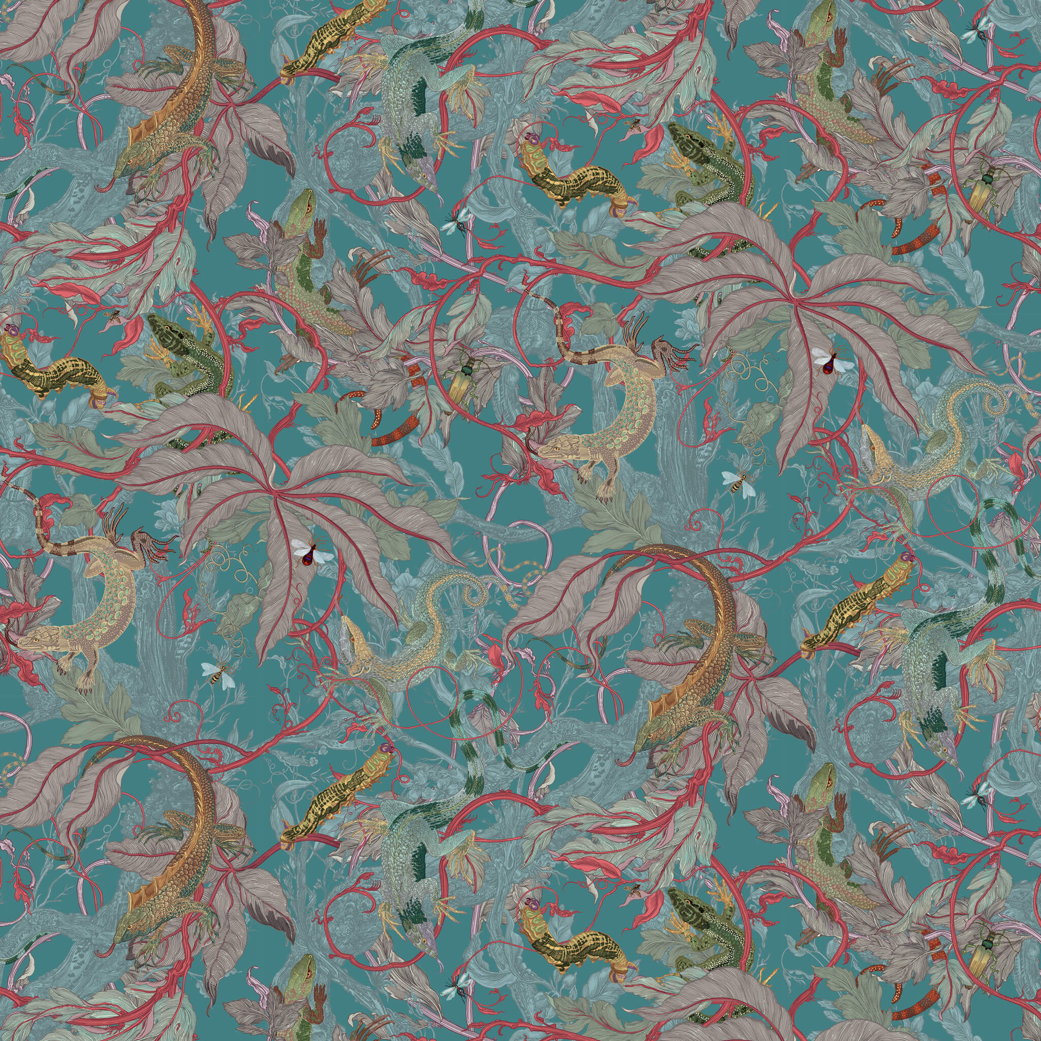 Patterned fabric with dragons and leaves on a teal background