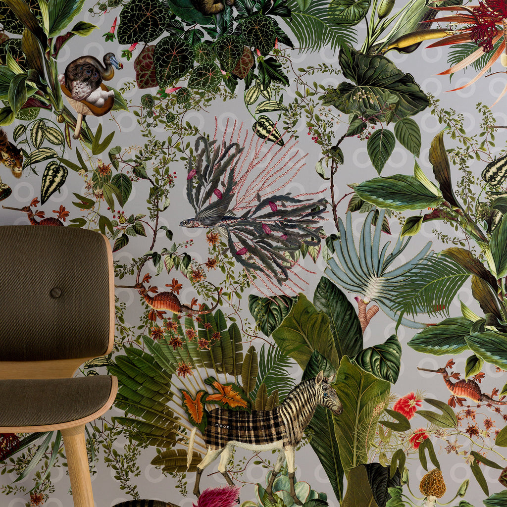 Arte x Moooi Wallcovering Menagerie of Extinct Animals Wallpaper Nut Dining Chair