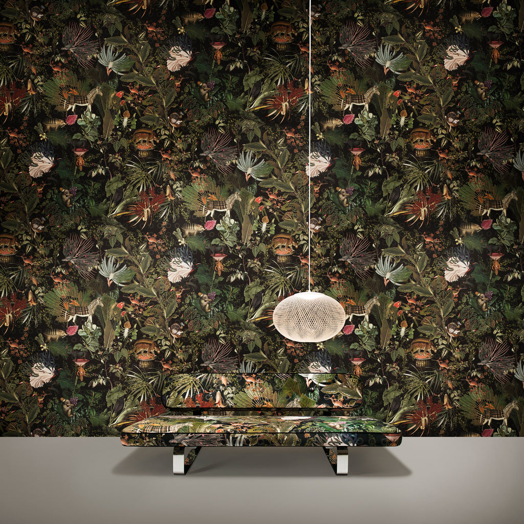 Arte x Moooi Wallcovering Menagerie of Extinct Animals Wallpaper Power Nap Sofa