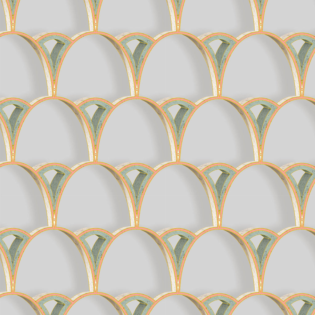 Kit Miles 'Tiber Archways' Wallpaper Peach with Emerald Green