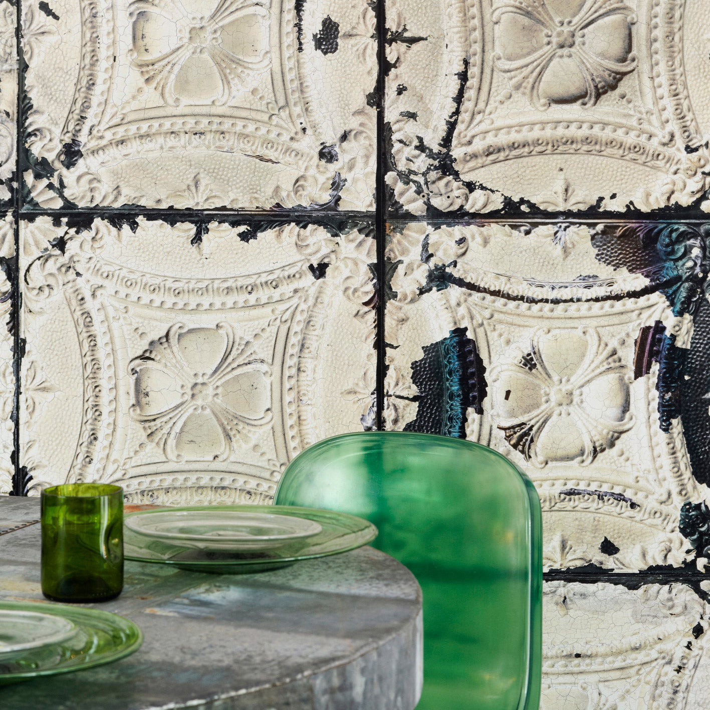 NLXL Brooklyn Tins Wallpaper by Merci TIN-01 Roomset Close Up