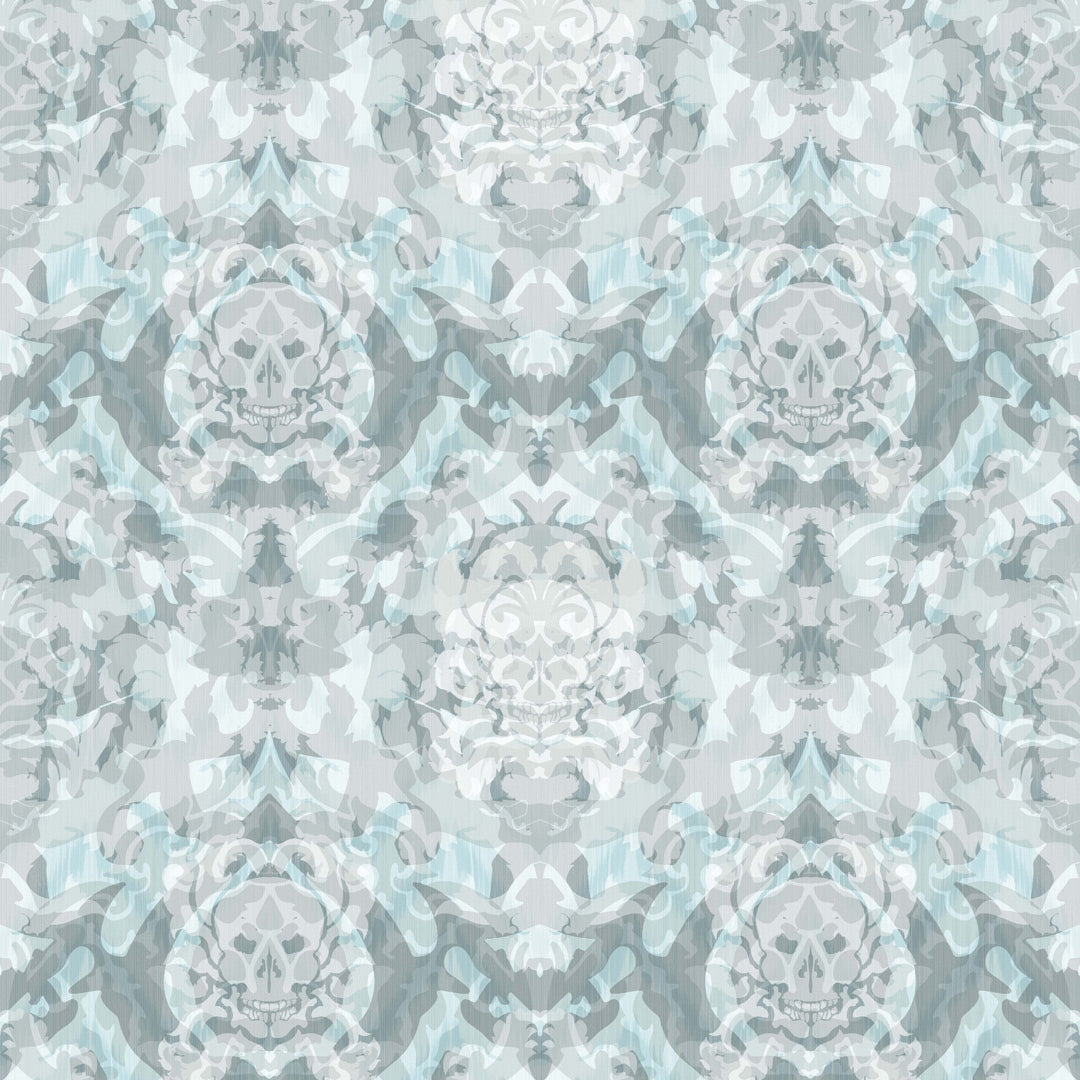 Timorous Beasties 'Skull Damask' Superwide Wallpaper Pale Blue