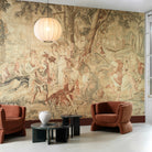 Living room with classical wall mural and modern furniture
