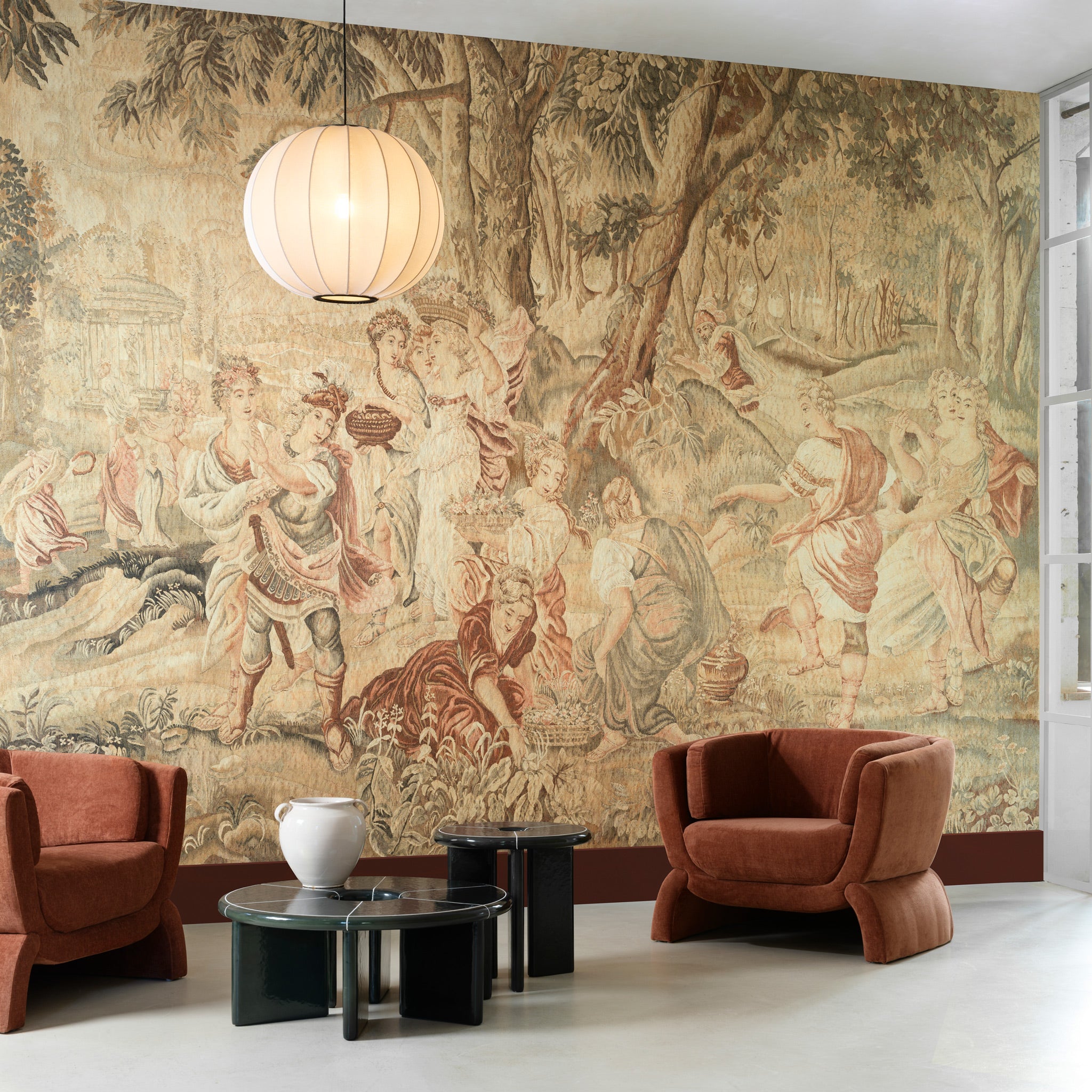 Living room with classical wall mural and modern furniture