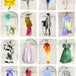 A collection of hand-painted fashion figures on wallpaper, showcasing various vintage outfits from different decades.
