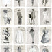 A collection of hand-painted fashion figures on wallpaper, showcasing various vintage outfits from different decades.