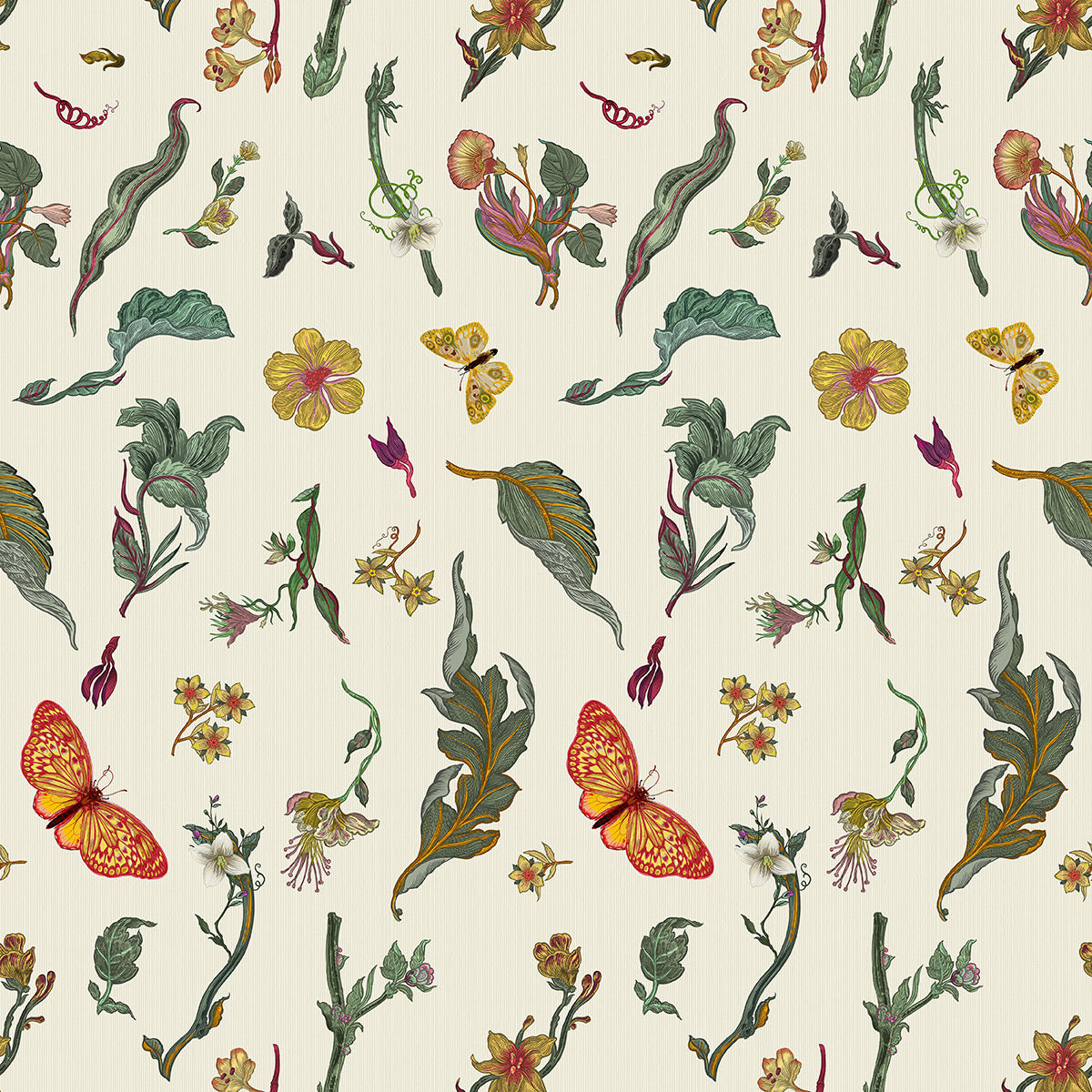 Pattern of butterflies and flowers on a beige background