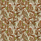 Floral pattern with brown, green, and white colors on a brown background