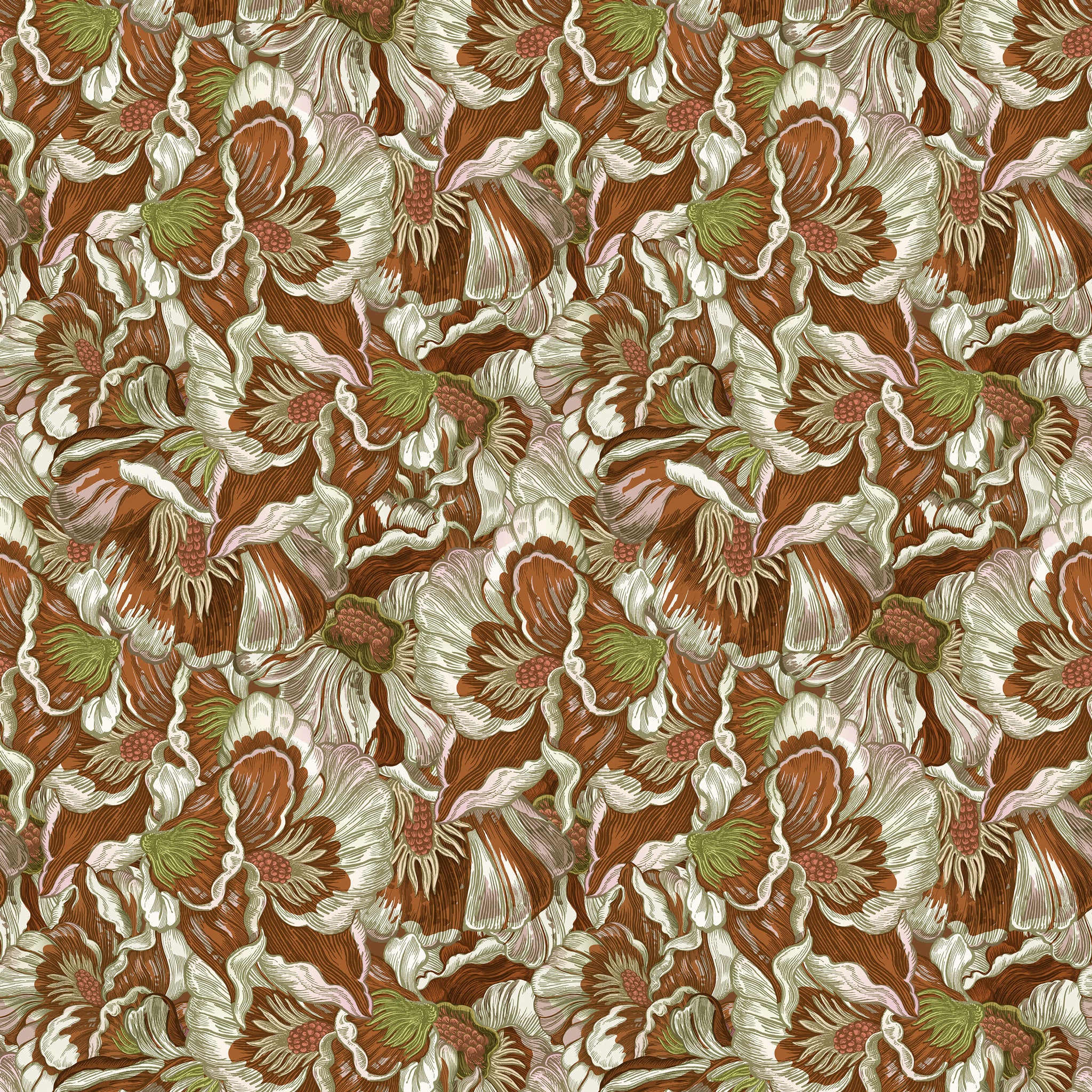 Floral pattern with brown, green, and white colors on a brown background