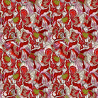 Pattern of red and white flowers with green accents on a red background