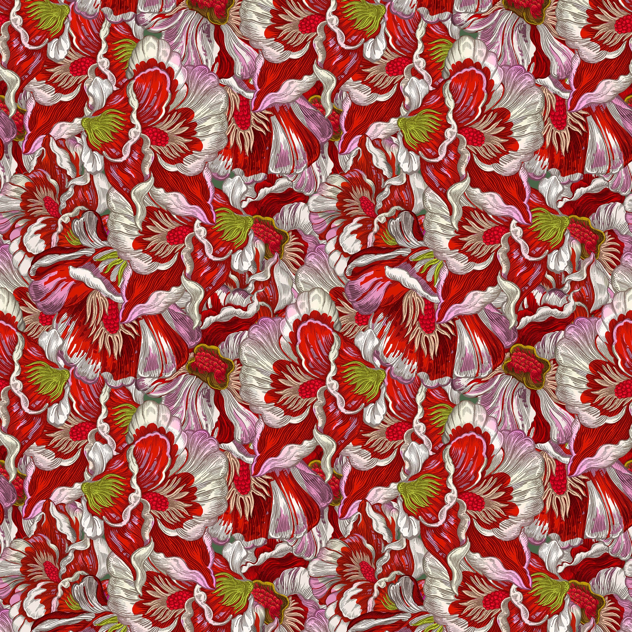 Pattern of red and white flowers with green accents on a red background