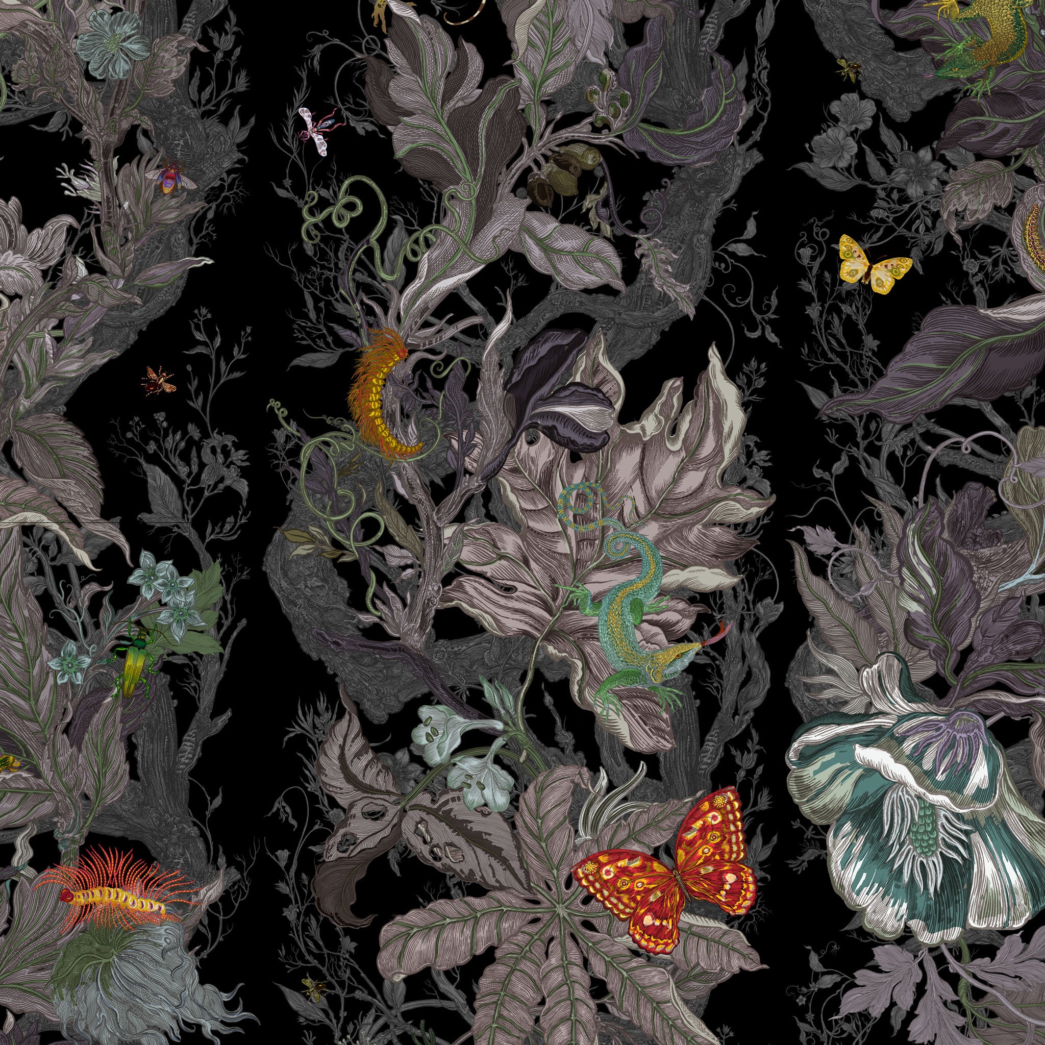 Detailed floral and insect pattern on a black background