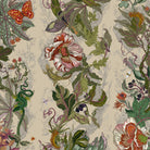 Detailed floral and botanical pattern with flowers, leaves, and a butterfly on a beige background.