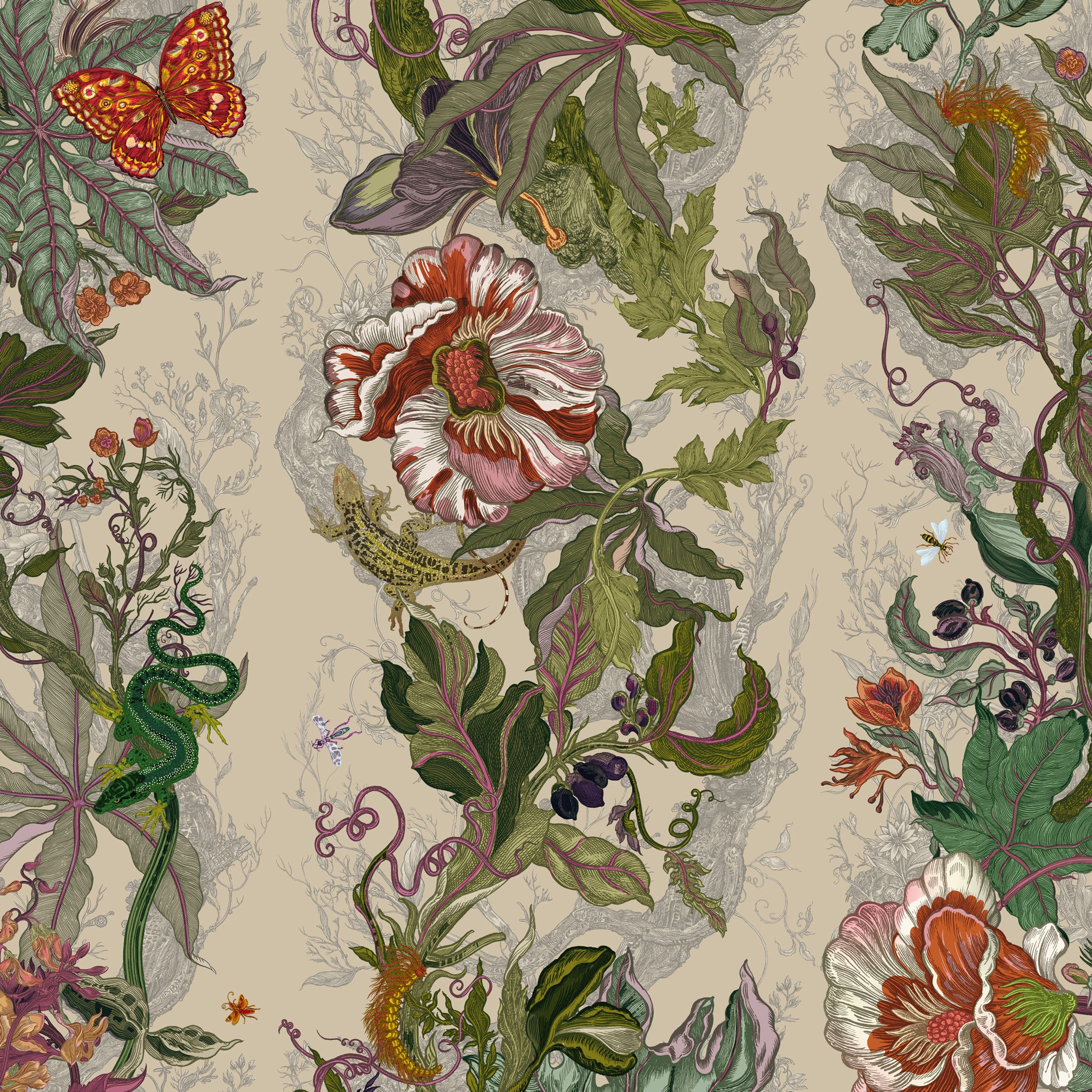 Detailed floral and botanical pattern with flowers, leaves, and a butterfly on a beige background.