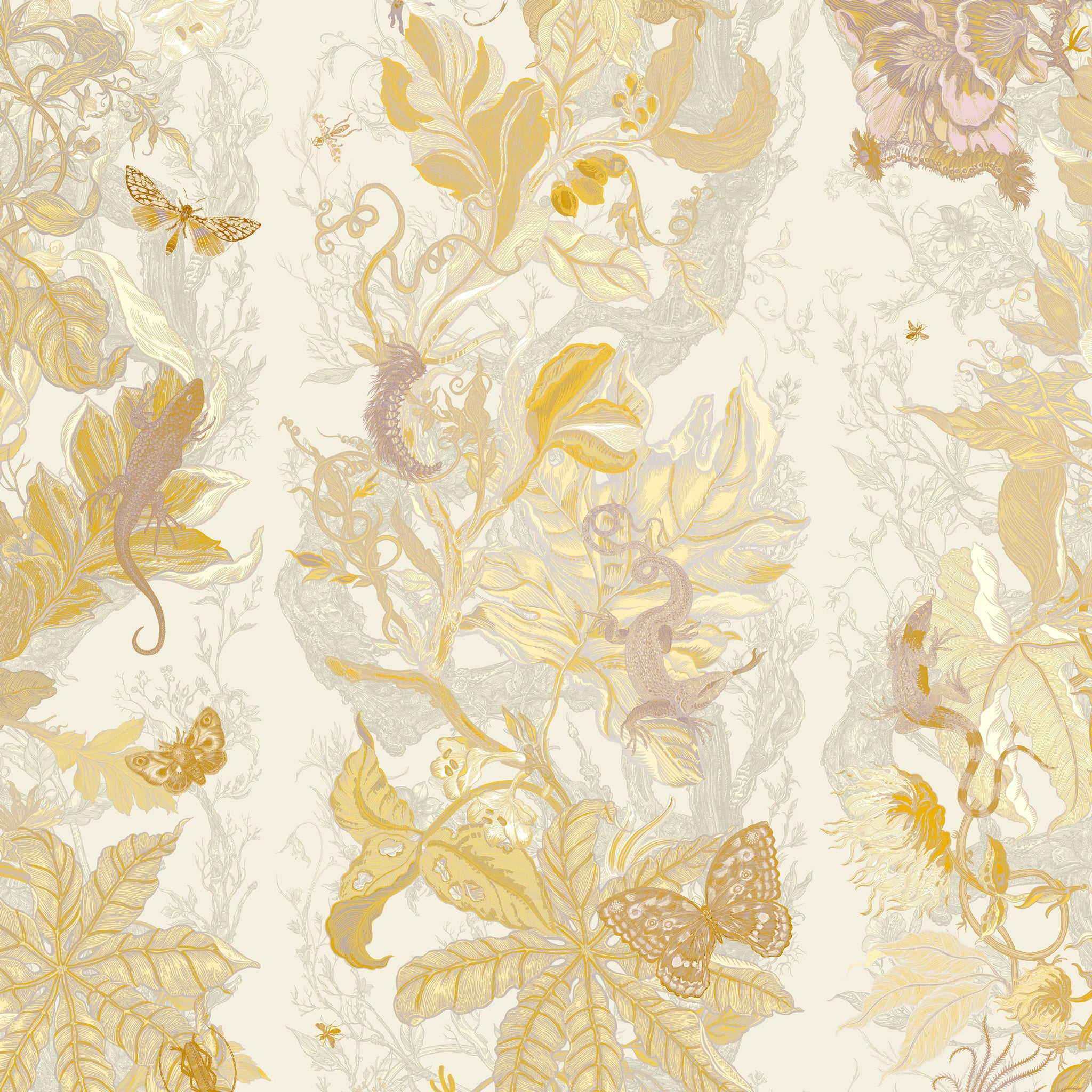 Decorative wallpaper with gold floral and butterfly pattern on a light background