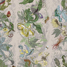 Patterned fabric with flowers, leaves, and insects on a beige background