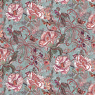 Floral pattern with pink flowers and green leaves on a teal background