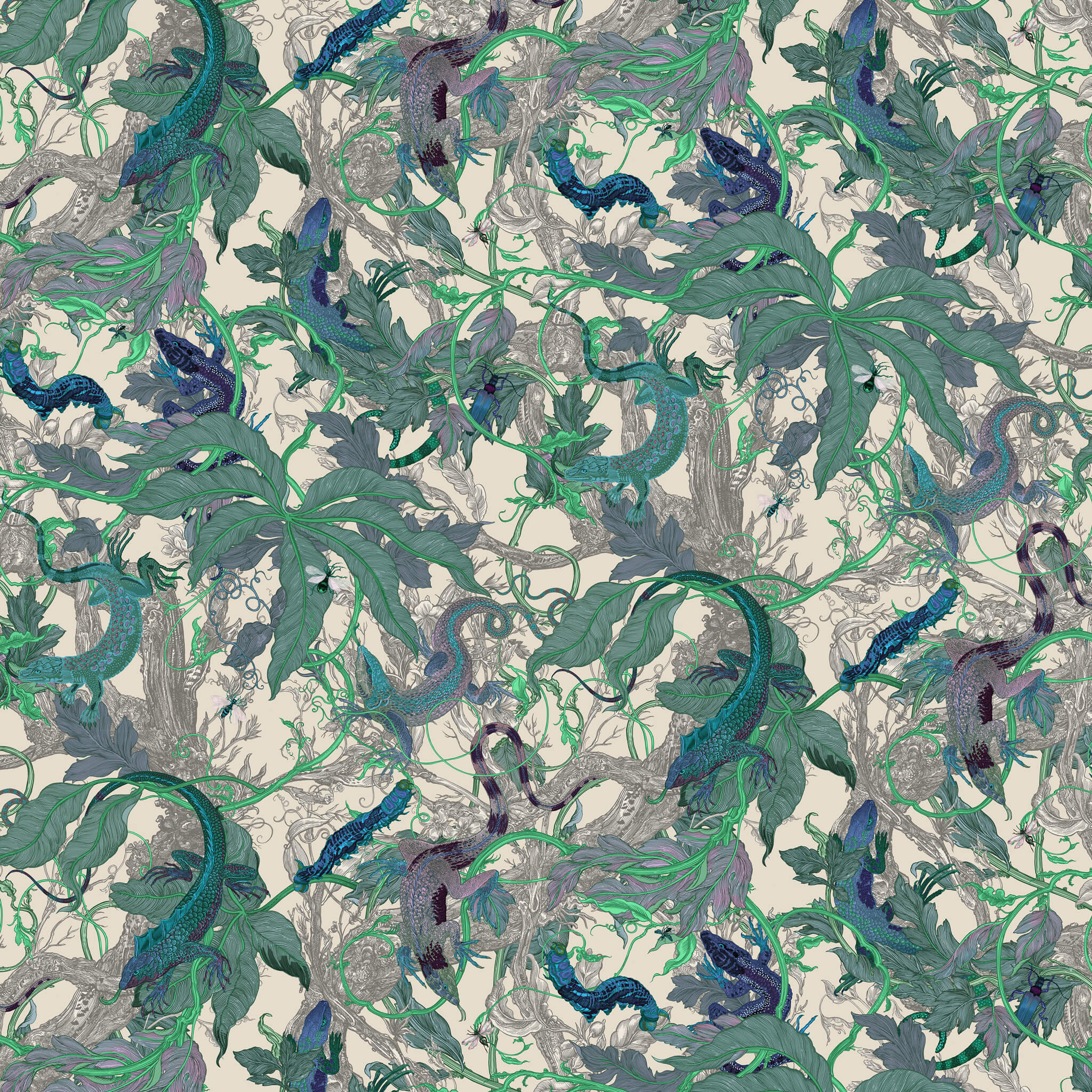 Pattern of green and blue dragons on a beige background