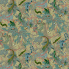 Patterned fabric with green leaves and red vines on a beige background