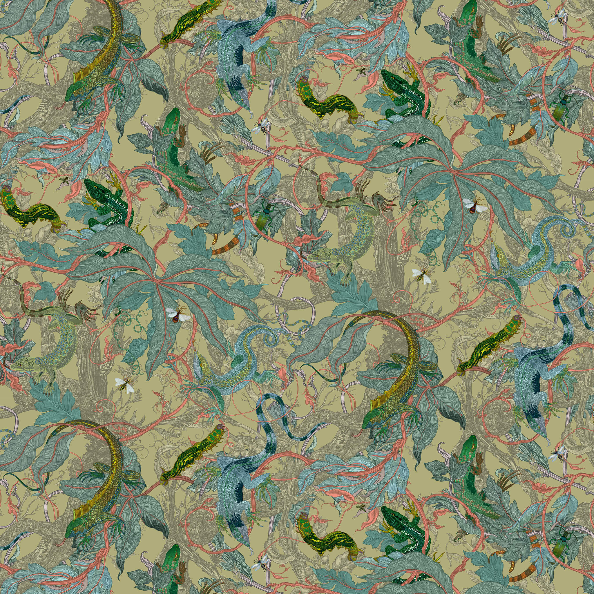 Patterned fabric with green leaves and red vines on a beige background