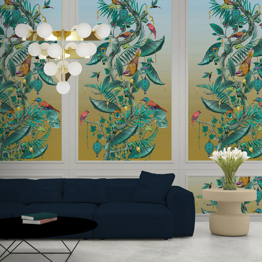 Kit Miles 'Ecclesiastical Botanica' Wallpaper Teal / Sky Blue Roomset