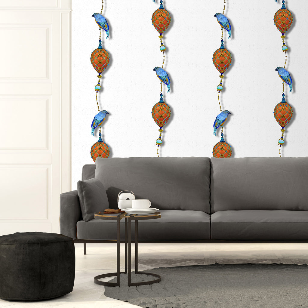 Kit Miles 'Pendants & Ornamental Birds' Wallpaper Combat Blues & Burnt Orange Roomset