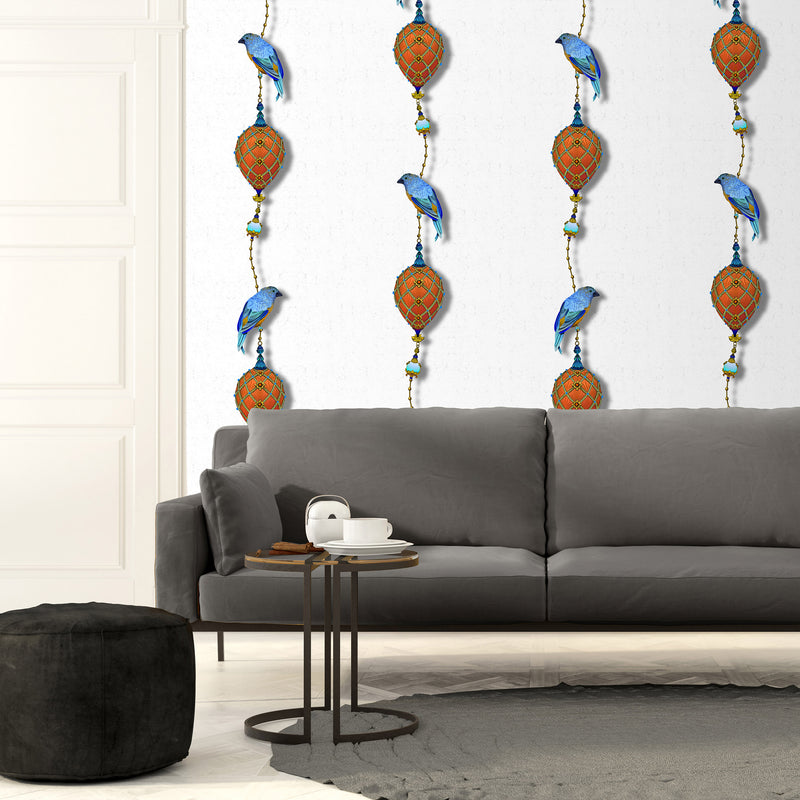Kit Miles 'Pendants & Ornamental Birds' Wallpaper Combat Blues & Burnt Orange Roomset