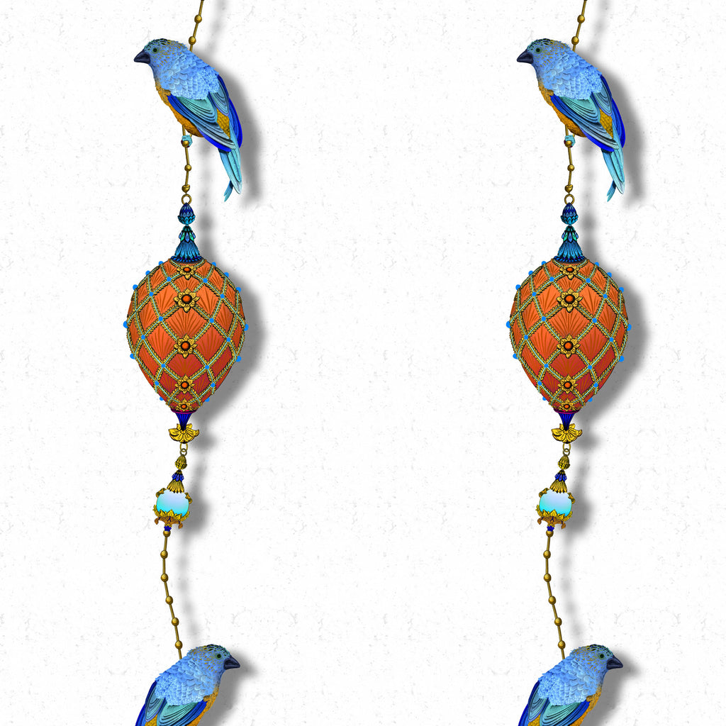 Kit Miles 'Pendants & Ornamental Birds' Wallpaper Combat Blues & Burnt Orange