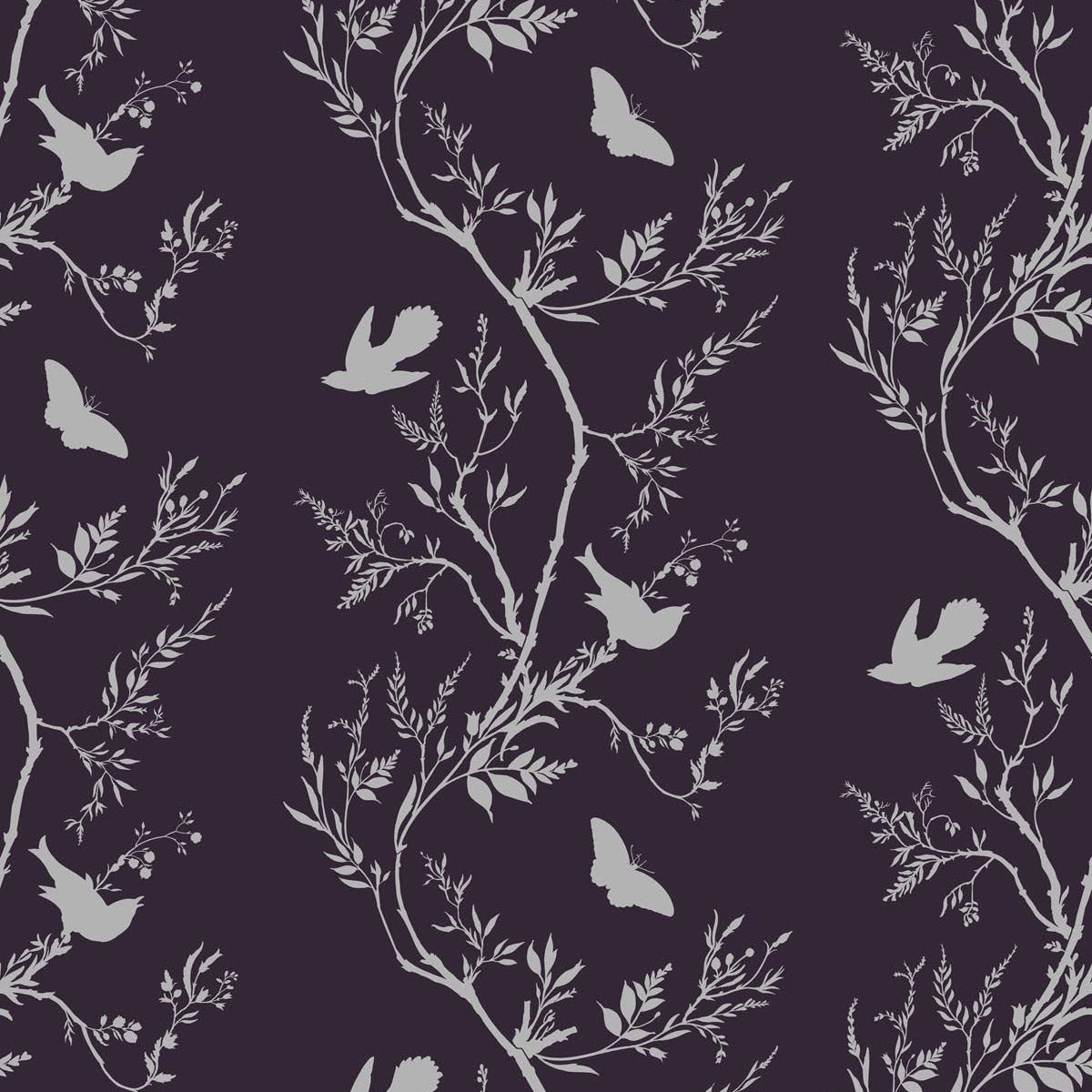 Timorous Beasties 'Birdbranch Stripe' Hand-Print Wallpaper Silver Pearl on Peregrine