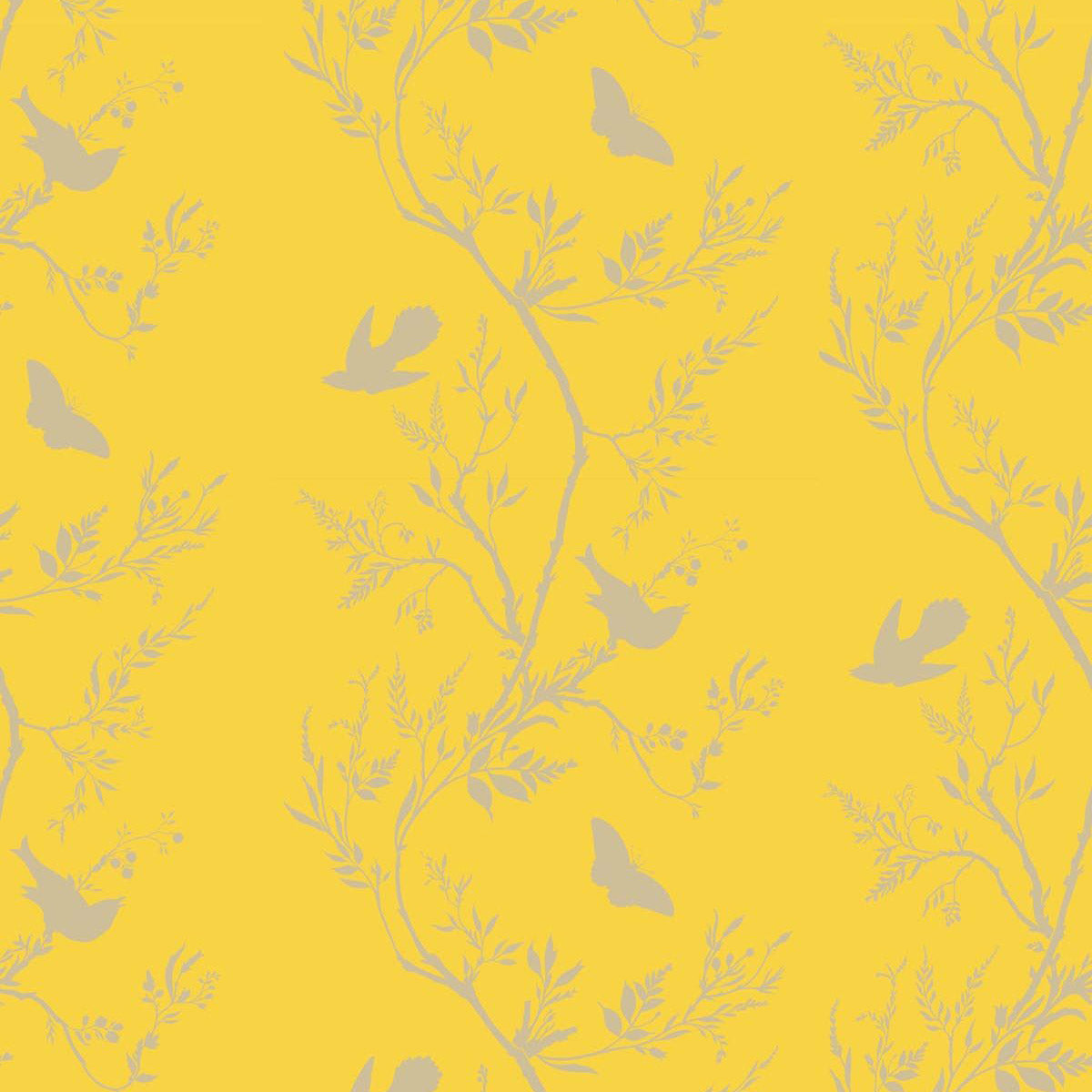 Timorous Beasties 'Birdbranch Stripe' Hand-Print Wallpaper Gold Pearl on Yellow