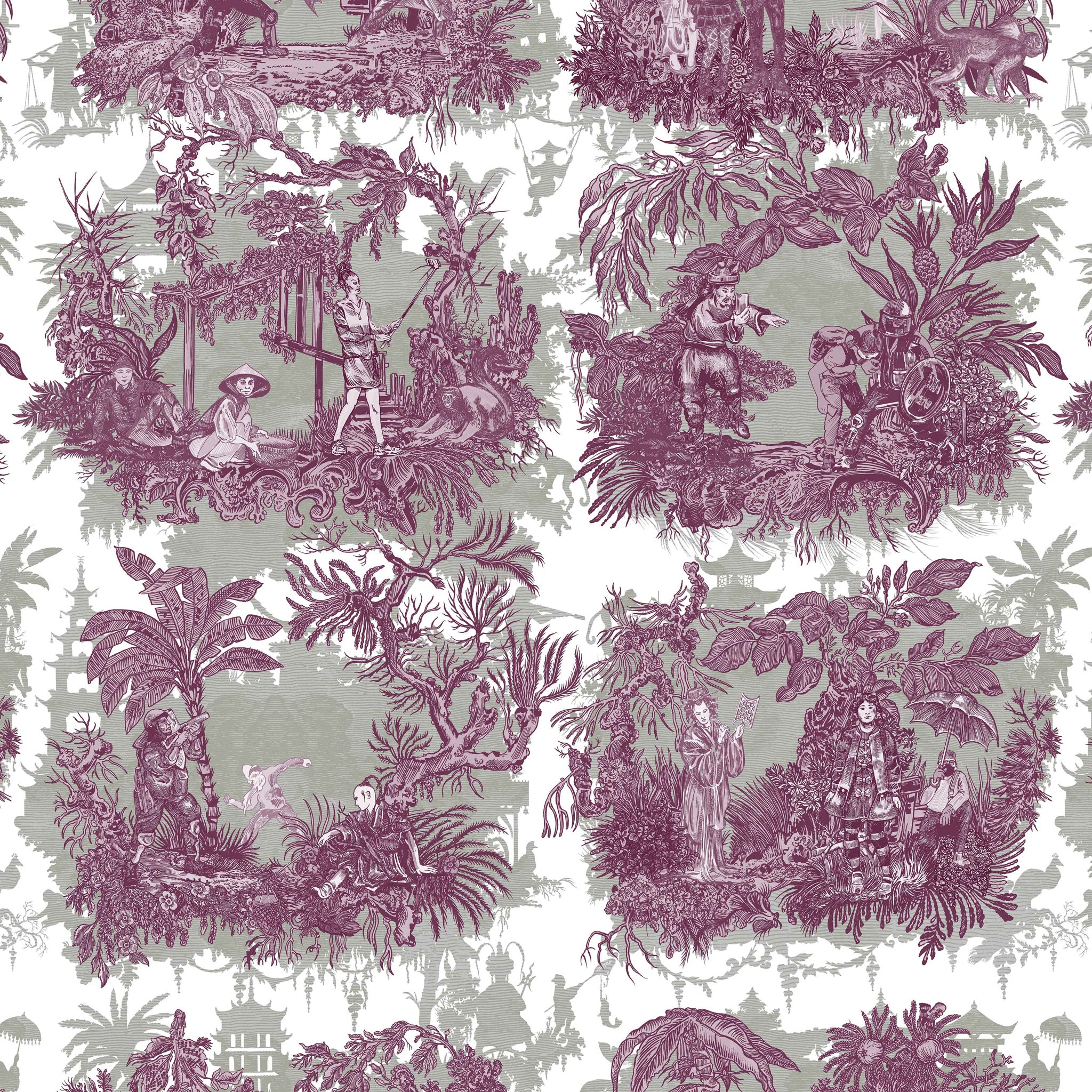 Timorous Beasties 'Chinoiserie Toile' Wallpaper Dragonfruit