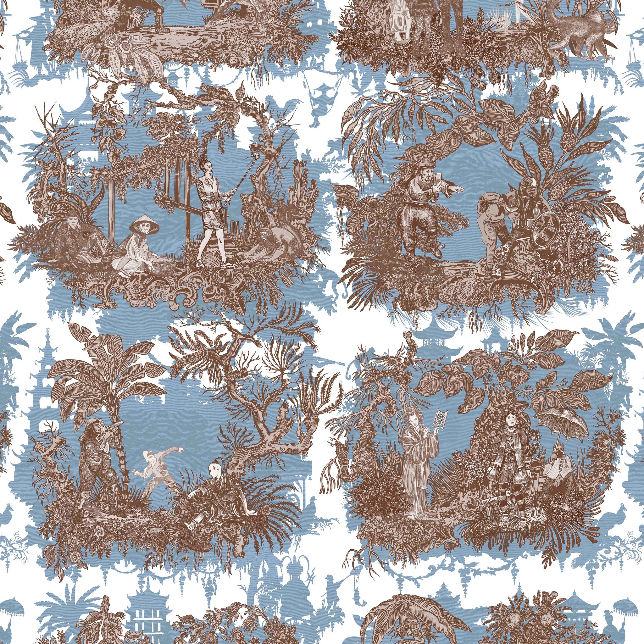 Timorous Beasties 'Chinoiserie Toile' Wallpaper Ice Blue Latte