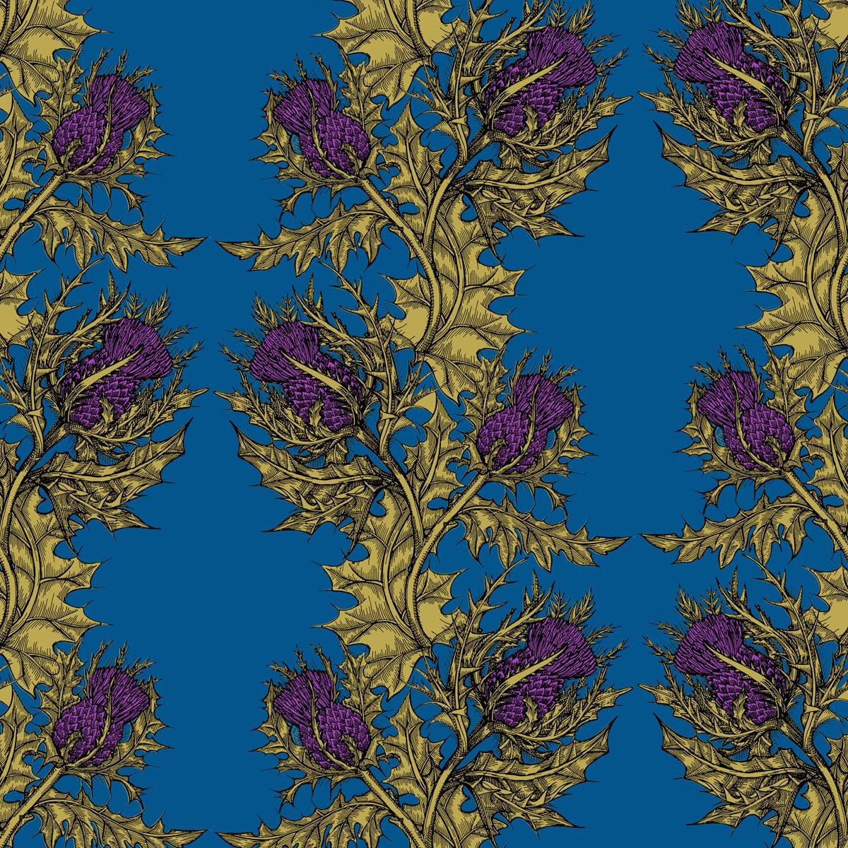 Grand Thistle Hand-Print Wallpaper Gold on Dark Blue