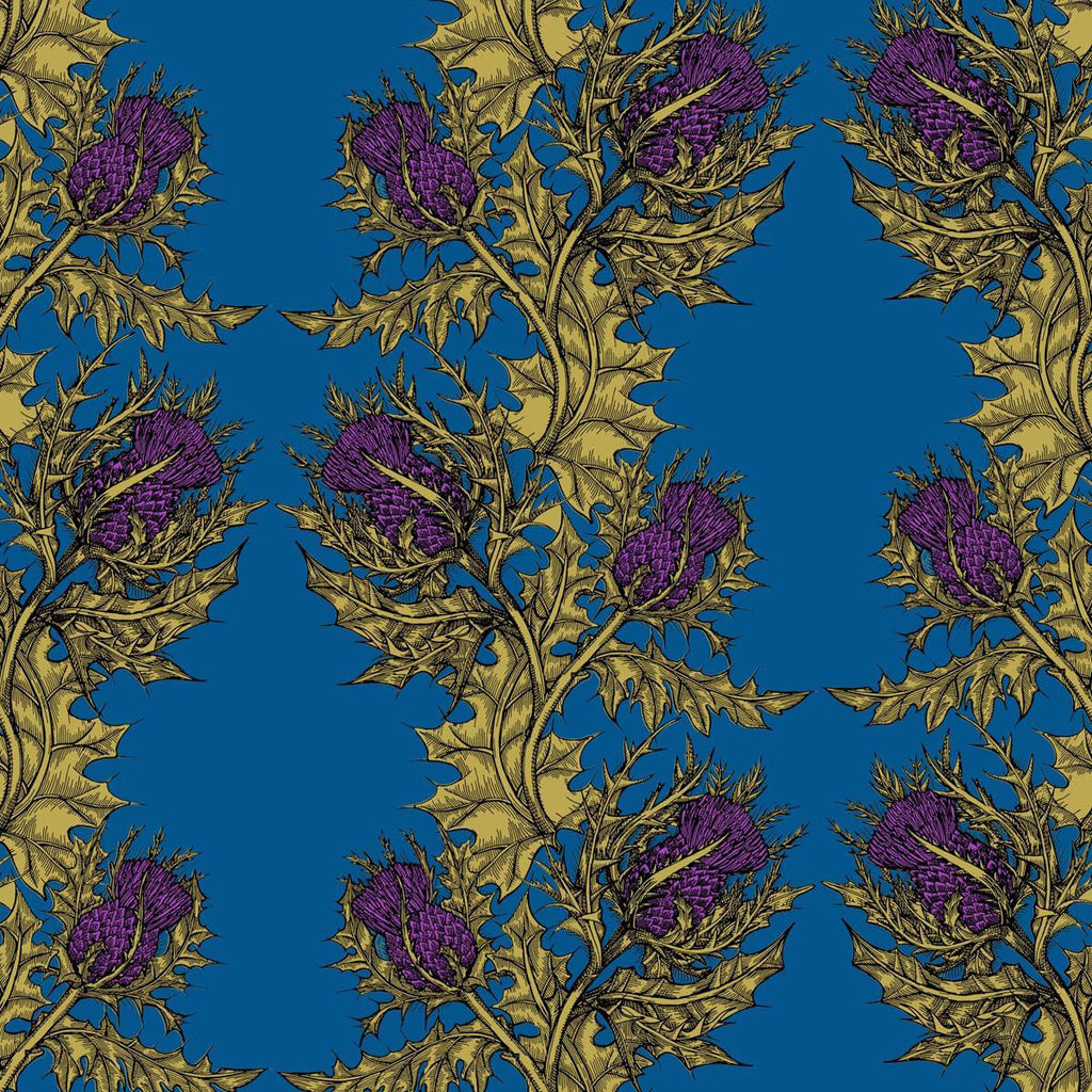 Grand Thistle Hand-Print Wallpaper Gold on Dark Blue