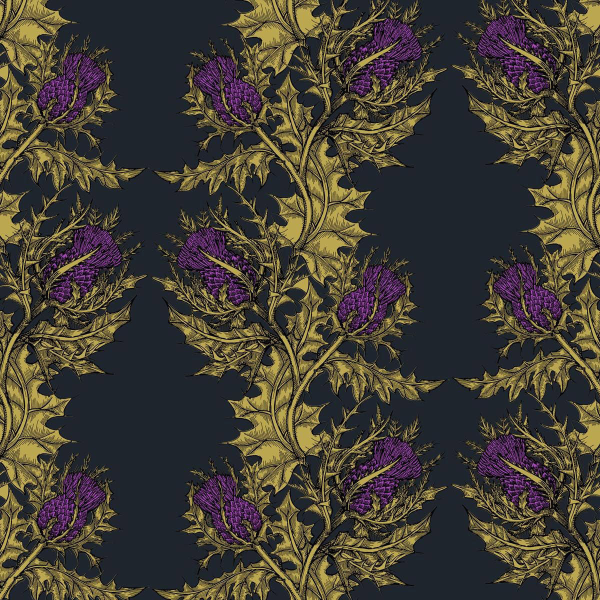 Grand Thistle Hand-Print Wallpaper Gold on Black