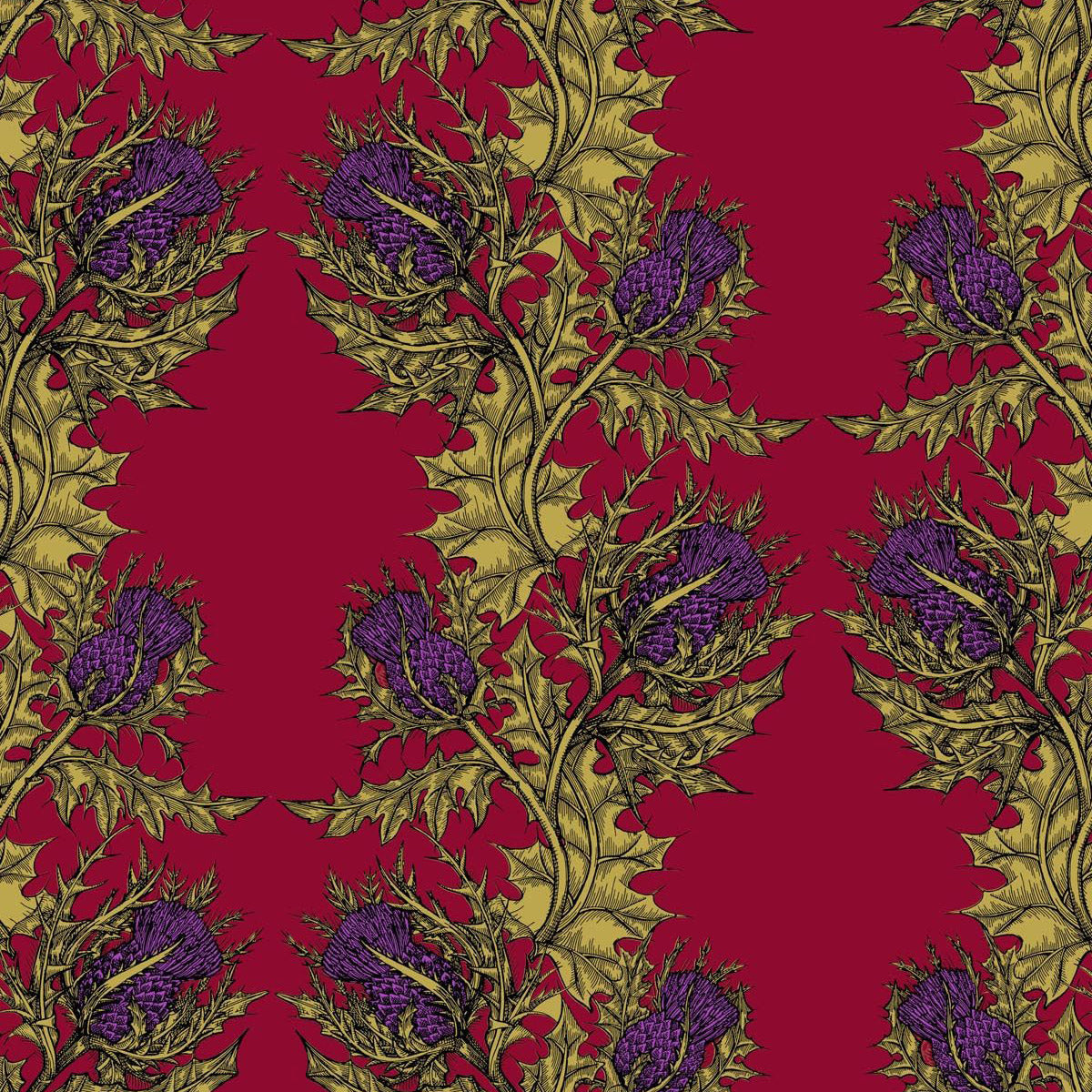 Grand Thistle Hand-Print Wallpaper Gold on Red