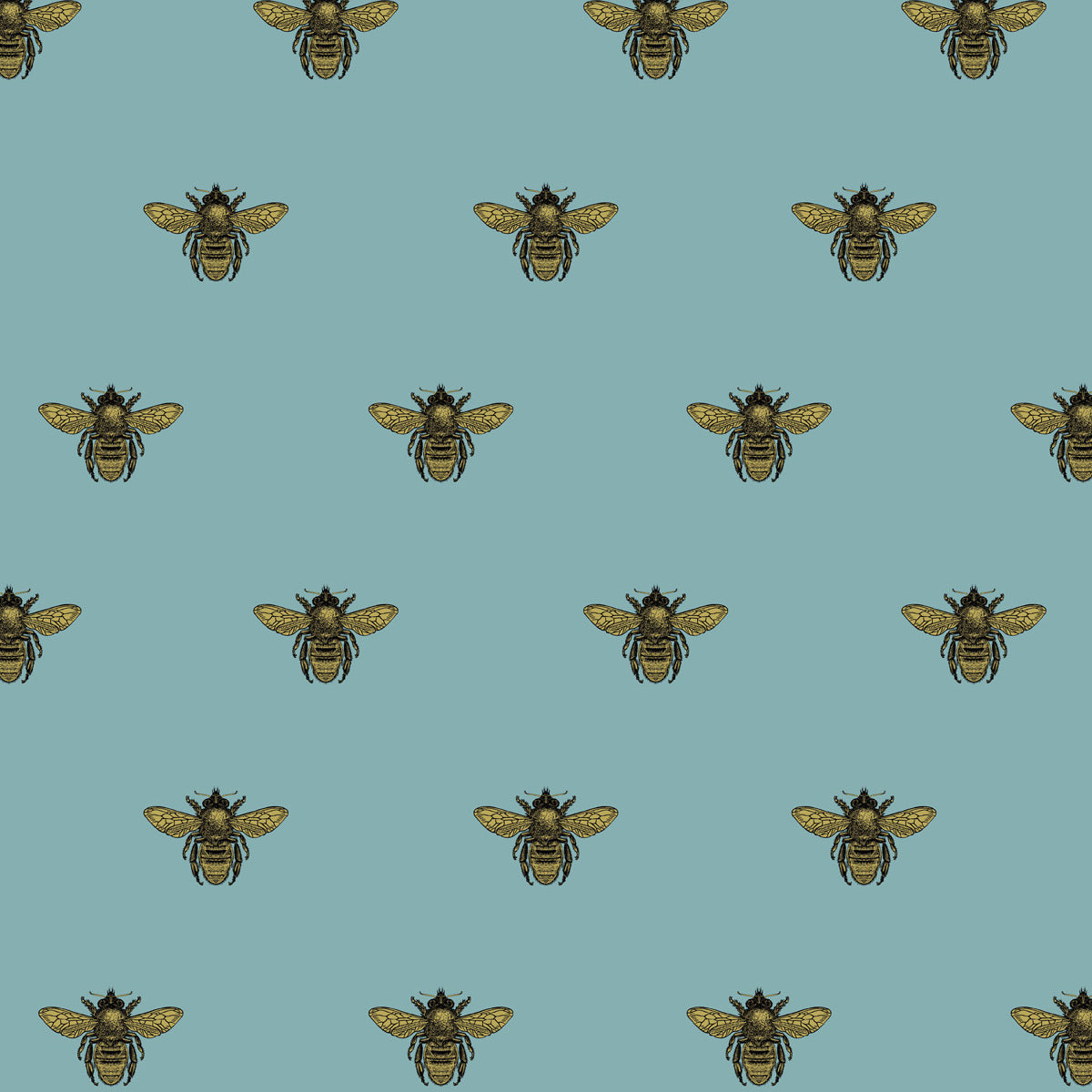 Timorous Beasties 'Honey Bee' Velvet Fabric Black & Pale Gold on Sea Blue