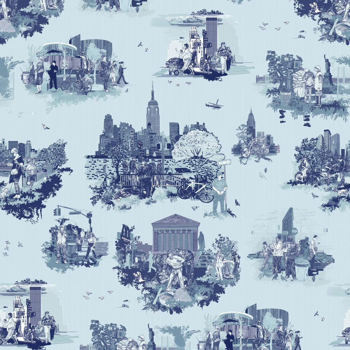 Timorous Beasties 'New York Toile' Wallpaper Blues