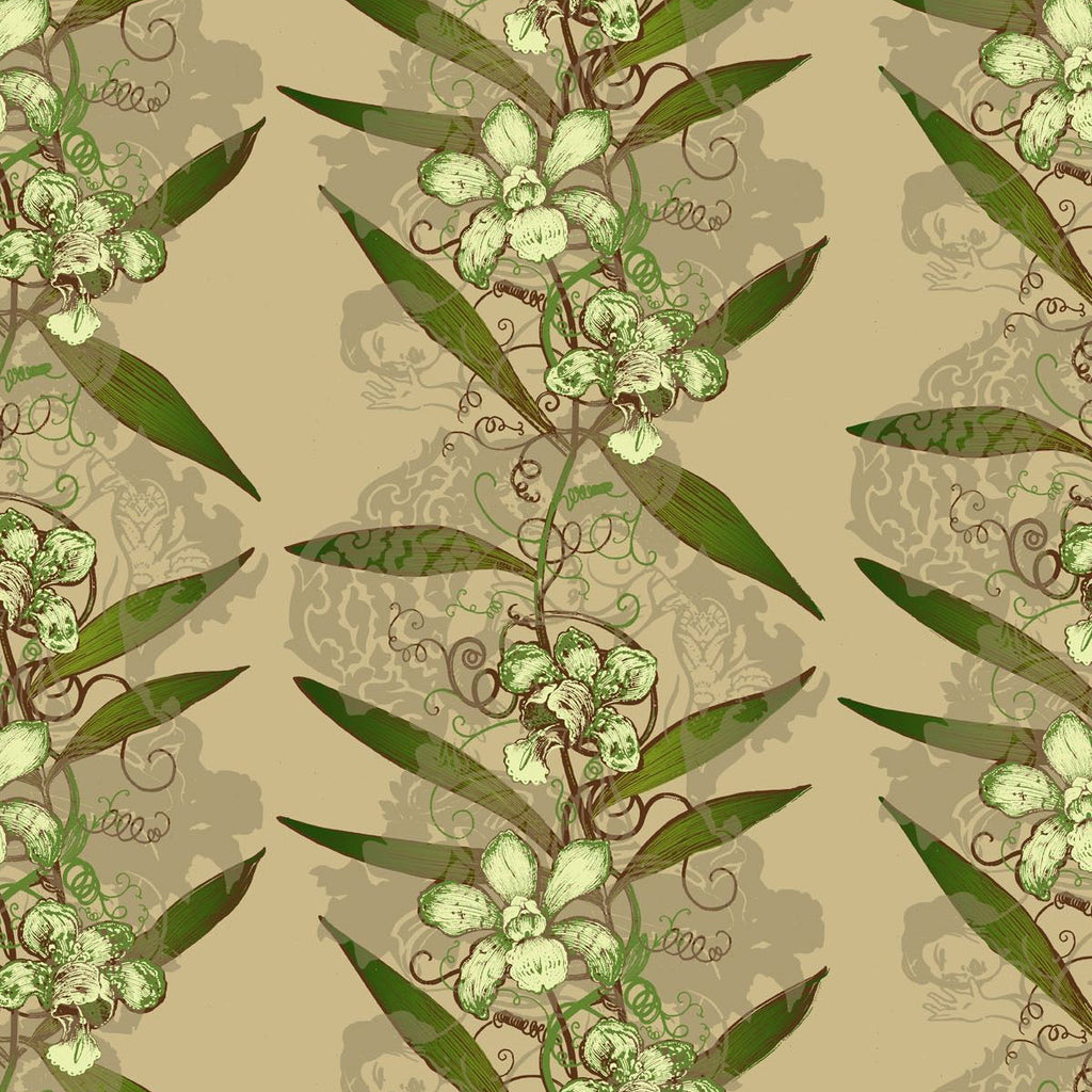 Timorous Beasties 'Oriental Orchid Hand-Print' Wallpaper Green on Khaki
