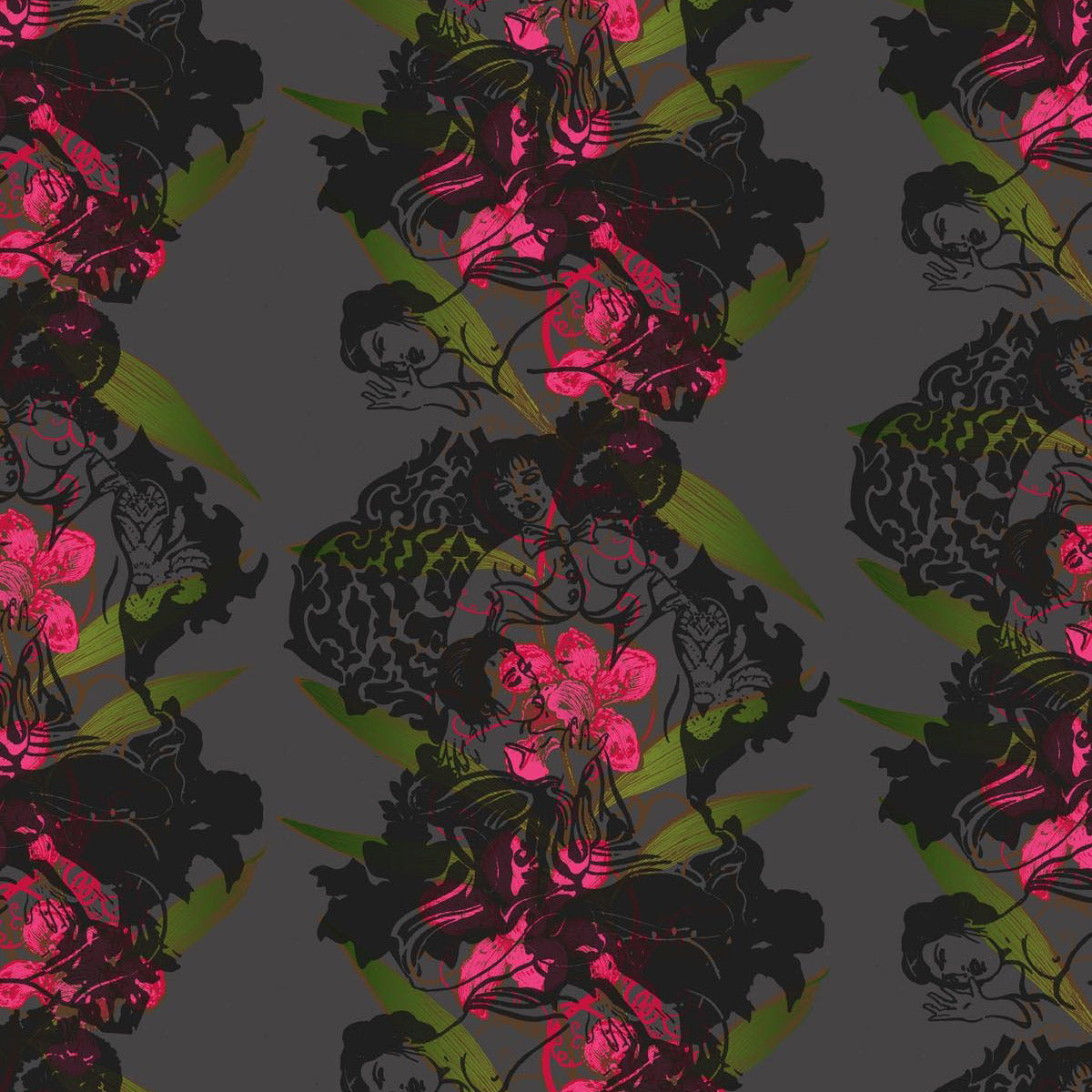 Timorous Beasties 'Oriental Orchid Hand-Print' Wallpaper Red on Black