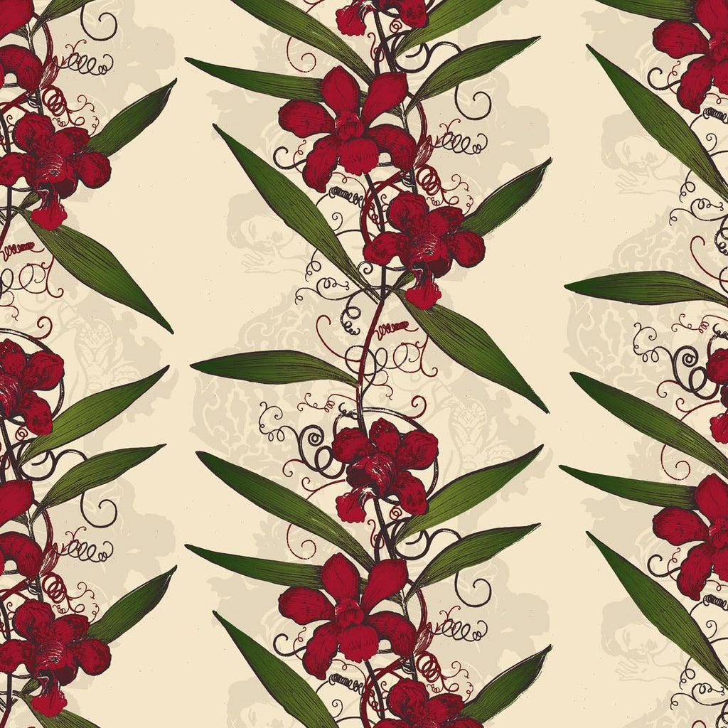 Timorous Beasties 'Oriental Orchid Hand-Print' Wallpaper Red on Cream