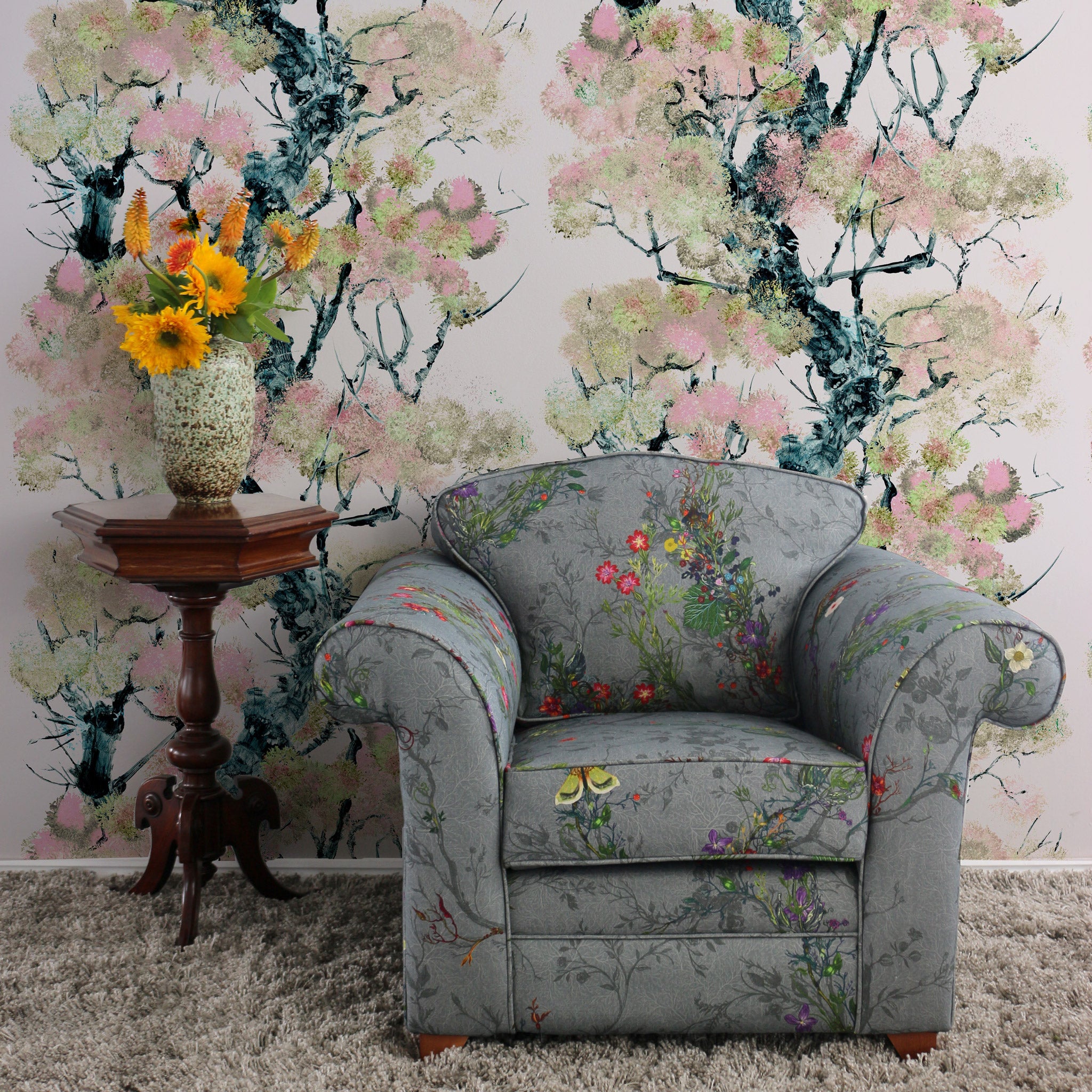 Timorous Beasties Pinyin Tree Superwide Wallpaper Pink Roomset